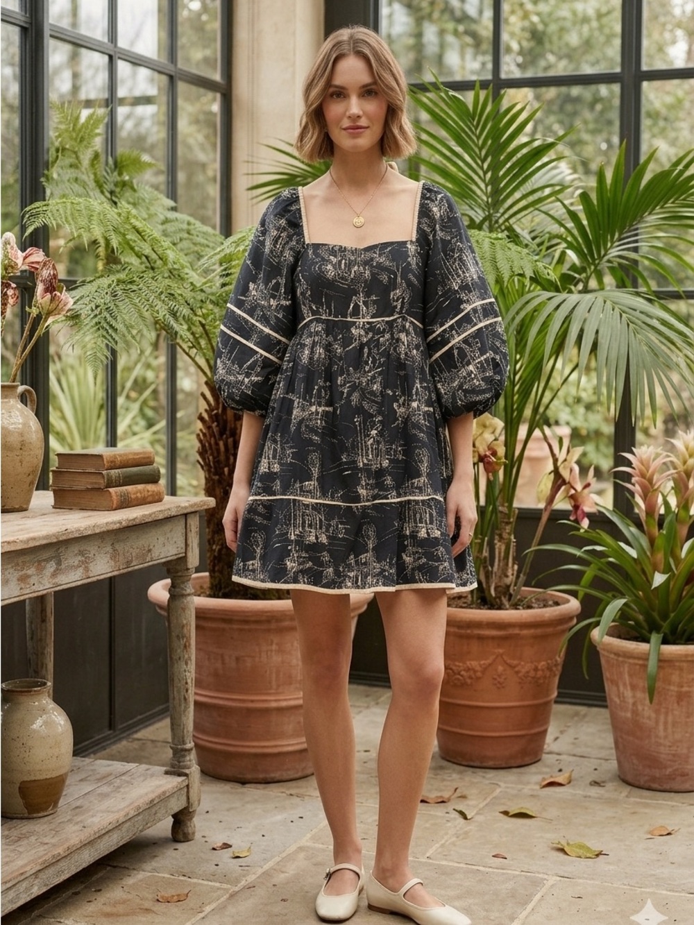 entro Navy Square-Neck Puff Sleeve Mini Dress with Ivory Scenic Print